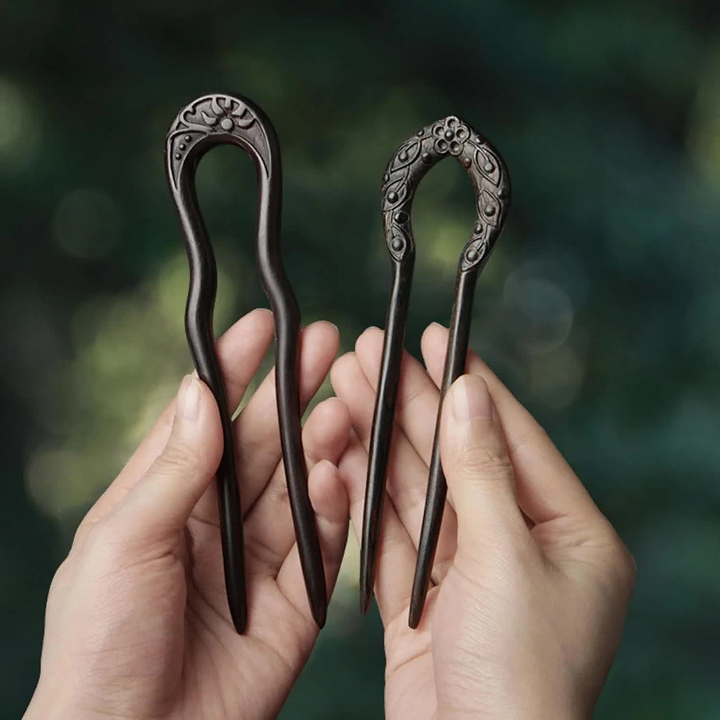 Carved Hair Forks for Buns for Women Two Prong Hair Stick for Long Hair U Shape Wood Hair Pin Handmade Hair Accessories(2pack) - Image 3