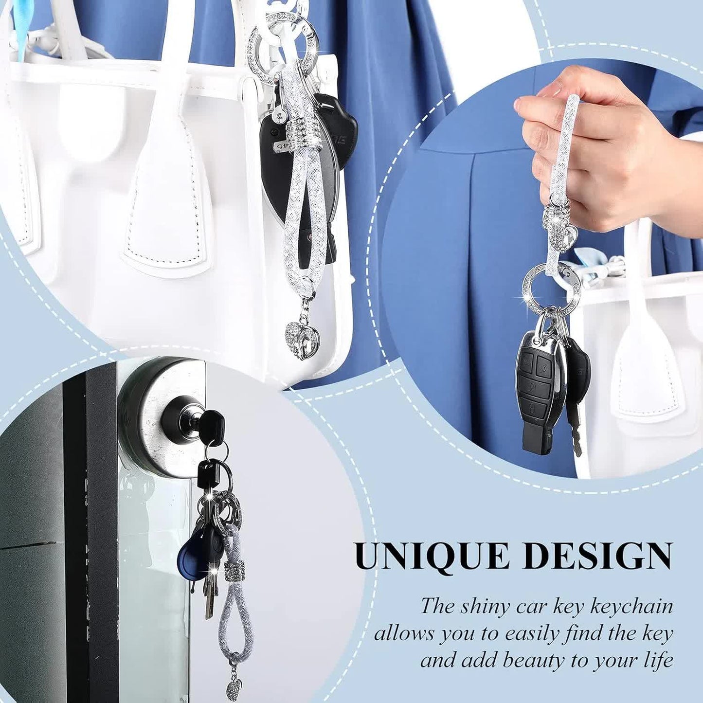 Crystal Bling Car Keychain for Women Glitter Rhinestone Keychain Ring Strap Keychain Accessories Car Key Decorations(Silver) - Image 2