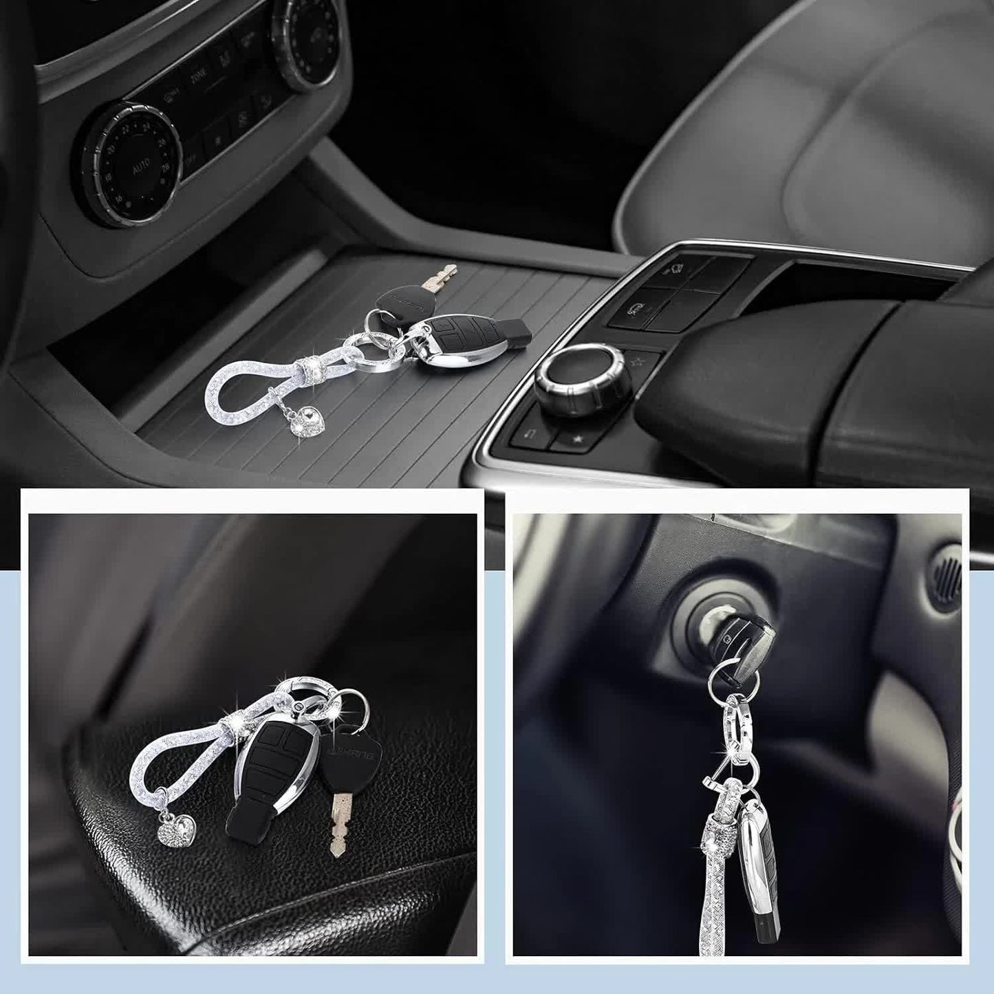 Crystal Bling Car Keychain for Women Glitter Rhinestone Keychain Ring Strap Keychain Accessories Car Key Decorations(Silver) - Image 4