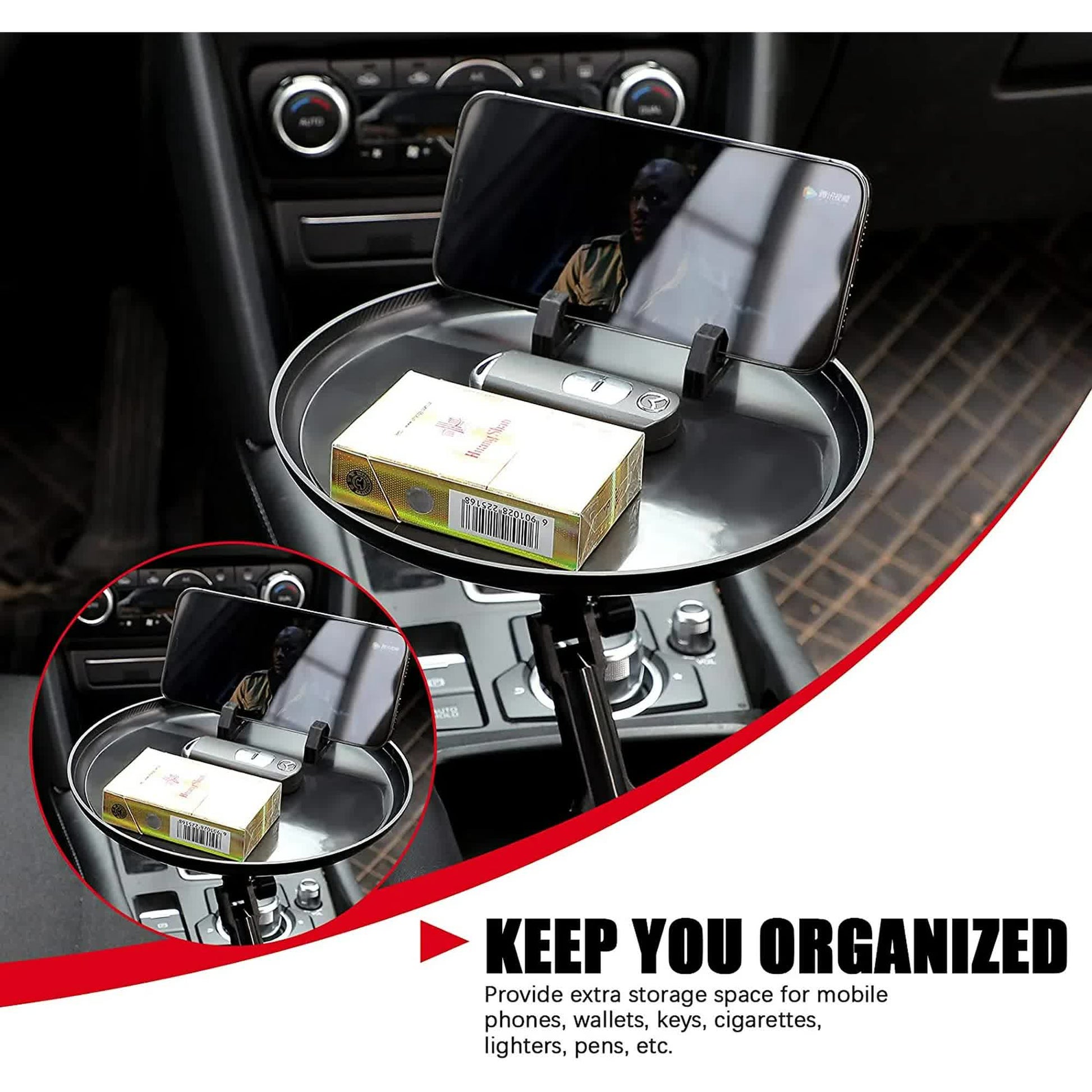 Car Cup Holder Tray for Adults Car Tray Table for Eating with Cell Phone Slot Lap for Universal Adjustable Cup Holder 360 Swivel Fits Vehicle, Boats, Golf Cart - Image 2