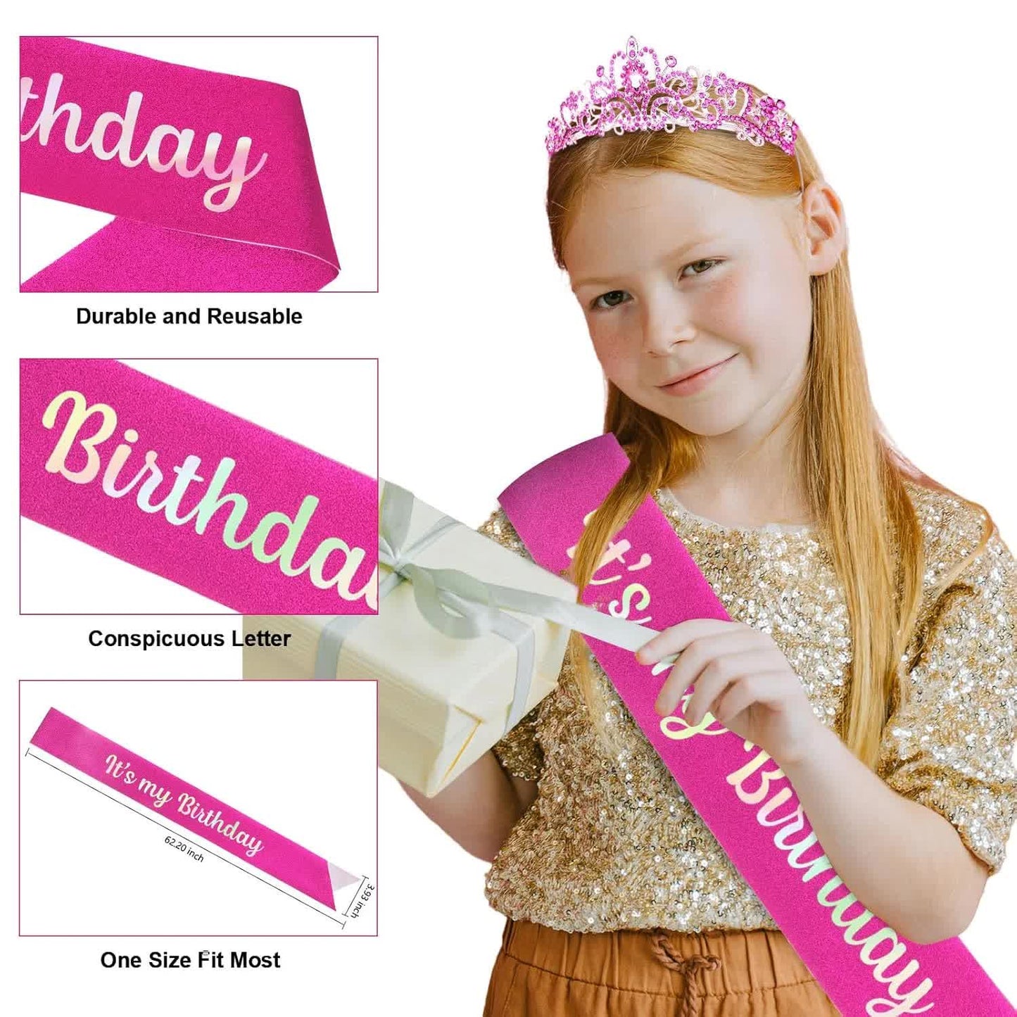 Hot Pink Birthday Headband & Crown - Happy Birthday Princess Tiara for Women & Girls - Party Decorations - Image 2