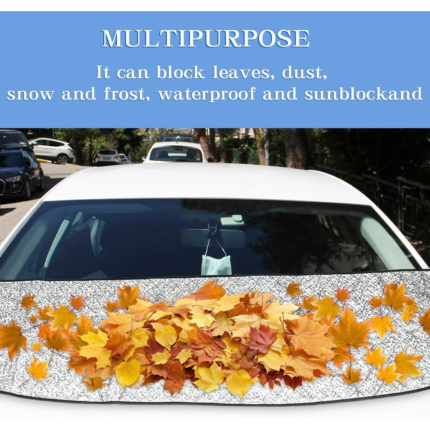 Car Front Windshield Cover Shade, 66.9"×17.7" Windshield Snow Cover for Fallen Leaf Dust and Snow, Universal Windshield Protector for All Seasons(Silver) - Image 3