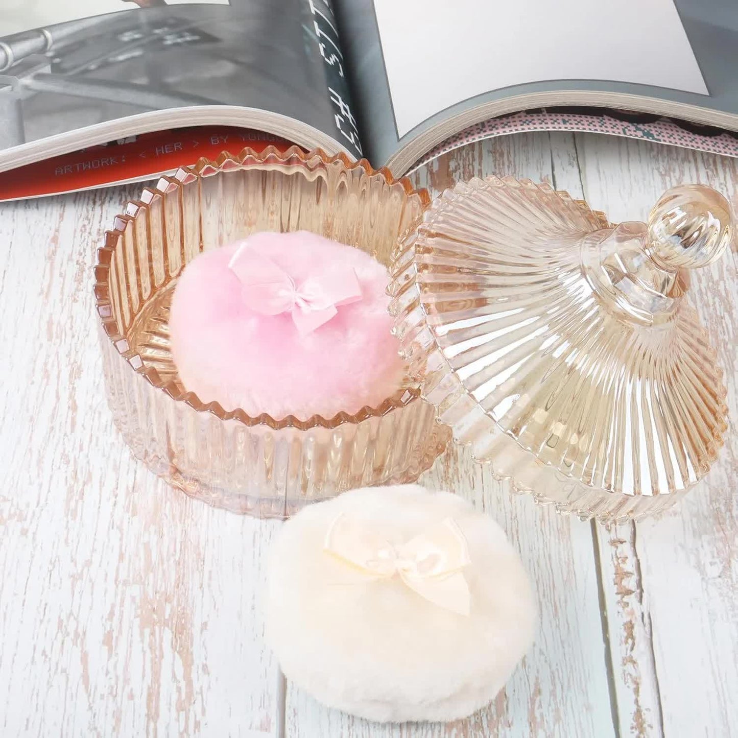 3 Pcs Large Body Powder Puff and Container, 5.3" Glass Crystal Body Container with 3.5" Soft Washable Powder Puff, Reusable Dusting Powder Container for Women(Amber) - Image 3