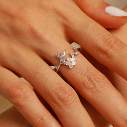 925 Sterling Silver Dainty Camellia Leaf CZs Ring for Women 14K Gold Plated Adjustable Leaves Leaf Laurel Ring to Daughter Mom White Shell Elegant Floral Crystal Finger Rings Wedding Birthday Jewelry - Image 2