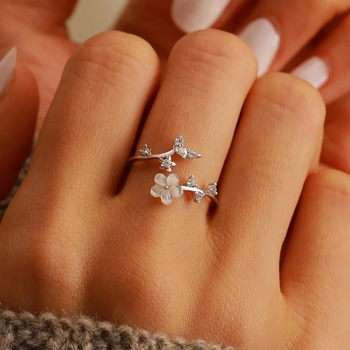 925 Sterling Silver Dainty Camellia Leaf CZs Ring for Women 14K Gold Plated Adjustable Leaves Leaf Laurel Ring to Daughter Mom White Shell Elegant Floral Crystal Finger Rings Wedding Birthday Jewelry - Image 3