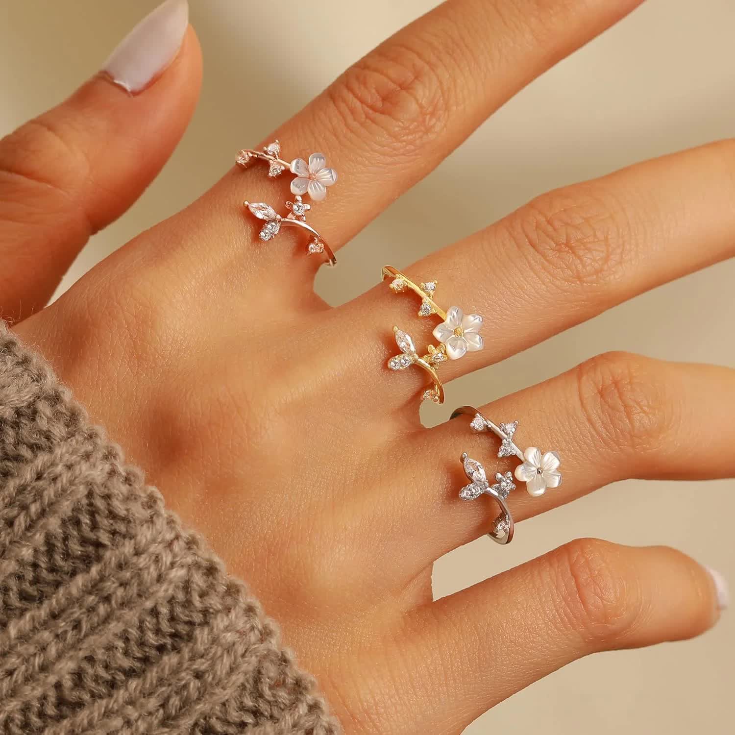 925 Sterling Silver Dainty Camellia Leaf CZs Ring for Women 14K Gold Plated Adjustable Leaves Leaf Laurel Ring to Daughter Mom White Shell Elegant Floral Crystal Finger Rings Wedding Birthday Jewelry - Image 4