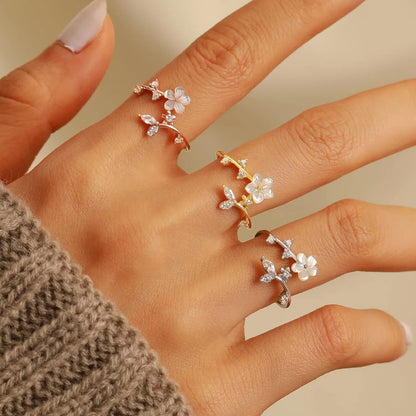 925 Sterling Silver Dainty Camellia Leaf CZs Ring for Women 14K Gold Plated Adjustable Leaves Leaf Laurel Ring to Daughter Mom White Shell Elegant Floral Crystal Finger Rings Wedding Birthday Jewelry - Image 4