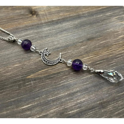 Moon and Star Rear View Mirror Accessories,Crystal Amethyst Stone Bead Car Decor Boho Witchy Suncatcher Healing Car Charm Hanging Ornaments for Women Men - Image 2