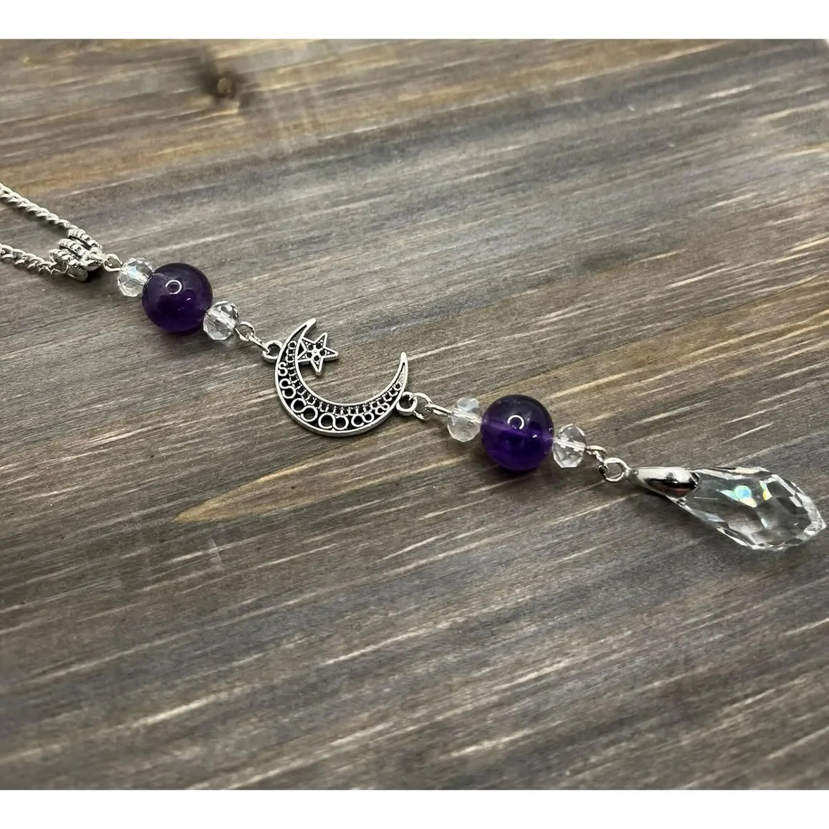 Moon and Star Rear View Mirror Accessories,Crystal Amethyst Stone Bead Car Decor Boho Witchy Suncatcher Healing Car Charm Hanging Ornaments for Women Men - Image 2