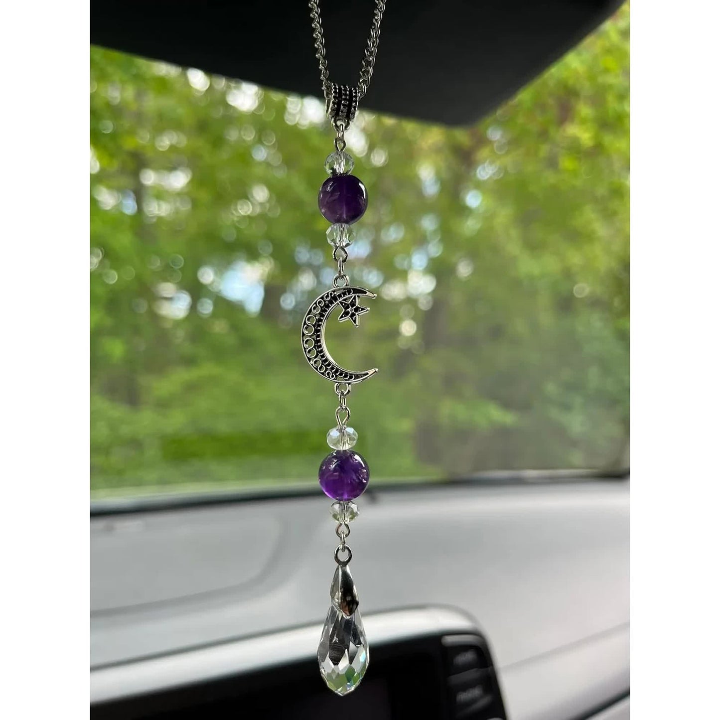 Moon and Star Rear View Mirror Accessories,Crystal Amethyst Stone Bead Car Decor Boho Witchy Suncatcher Healing Car Charm Hanging Ornaments for Women Men - Image 3