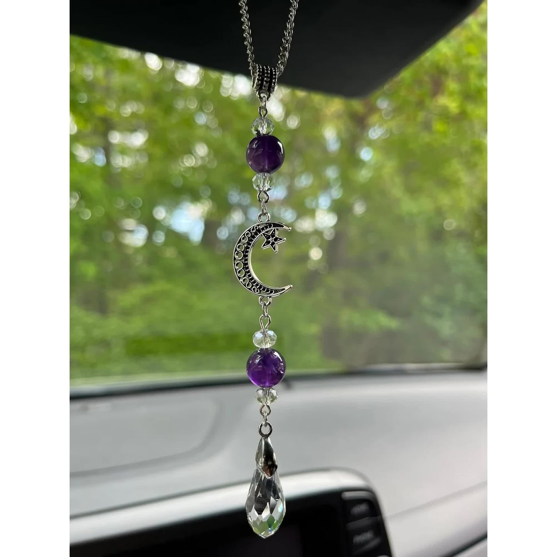 Moon and Star Rear View Mirror Accessories,Crystal Amethyst Stone Bead Car Decor Boho Witchy Suncatcher Healing Car Charm Hanging Ornaments for Women Men - Image 3