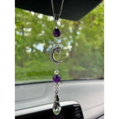 Moon and Star Rear View Mirror Accessories,Crystal Amethyst Stone Bead Car Decor Boho Witchy Suncatcher Healing Car Charm Hanging Ornaments for Women Men - Image 3