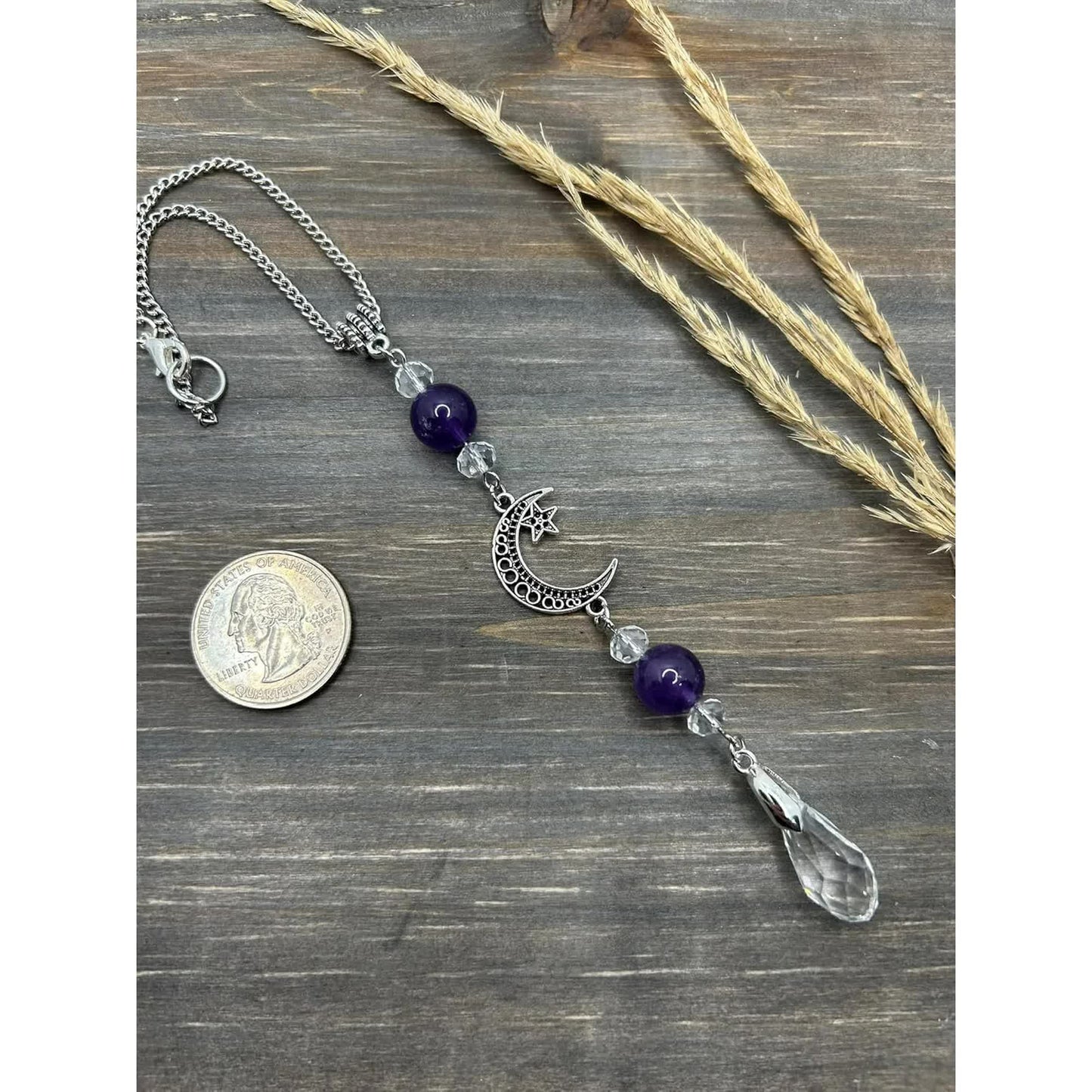 Moon and Star Rear View Mirror Accessories,Crystal Amethyst Stone Bead Car Decor Boho Witchy Suncatcher Healing Car Charm Hanging Ornaments for Women Men - Image 4