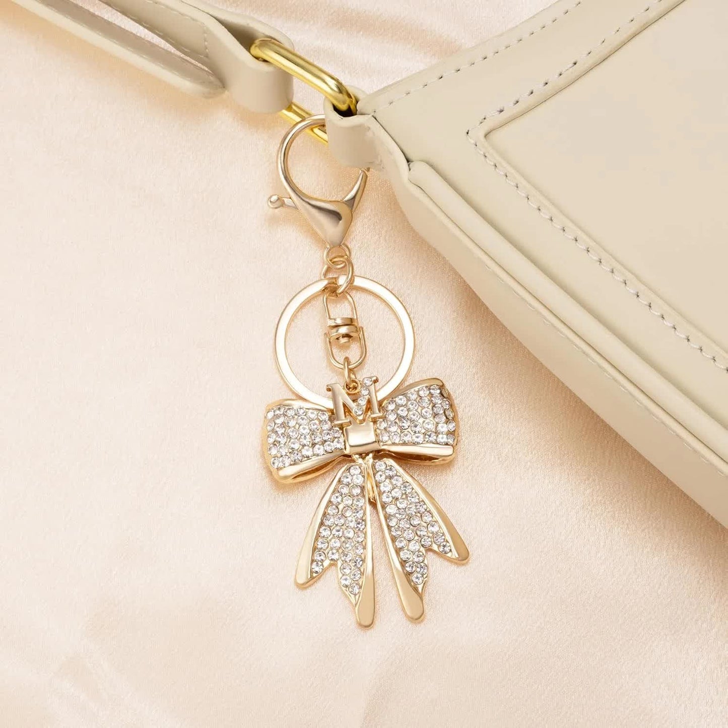 Sparkly Cute Initial Letter Rhinestone Bow Keychain for Women Gold Tone Bag Charms Coquette Aesthetic Purse Charms - Image 3