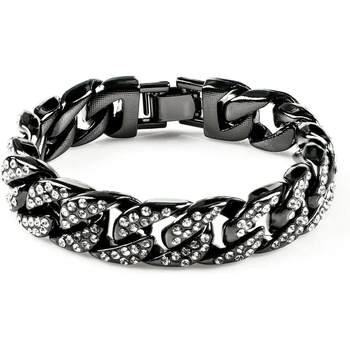 Mens Womens Cuban Link Bracelet Hip Hop Bracelet Gold Chain Bracelet Iced Out Curb Cuban 18k Gold Plated Bracelet With Clear Rhinestones (A-T-Black-8.74in) - Image 3