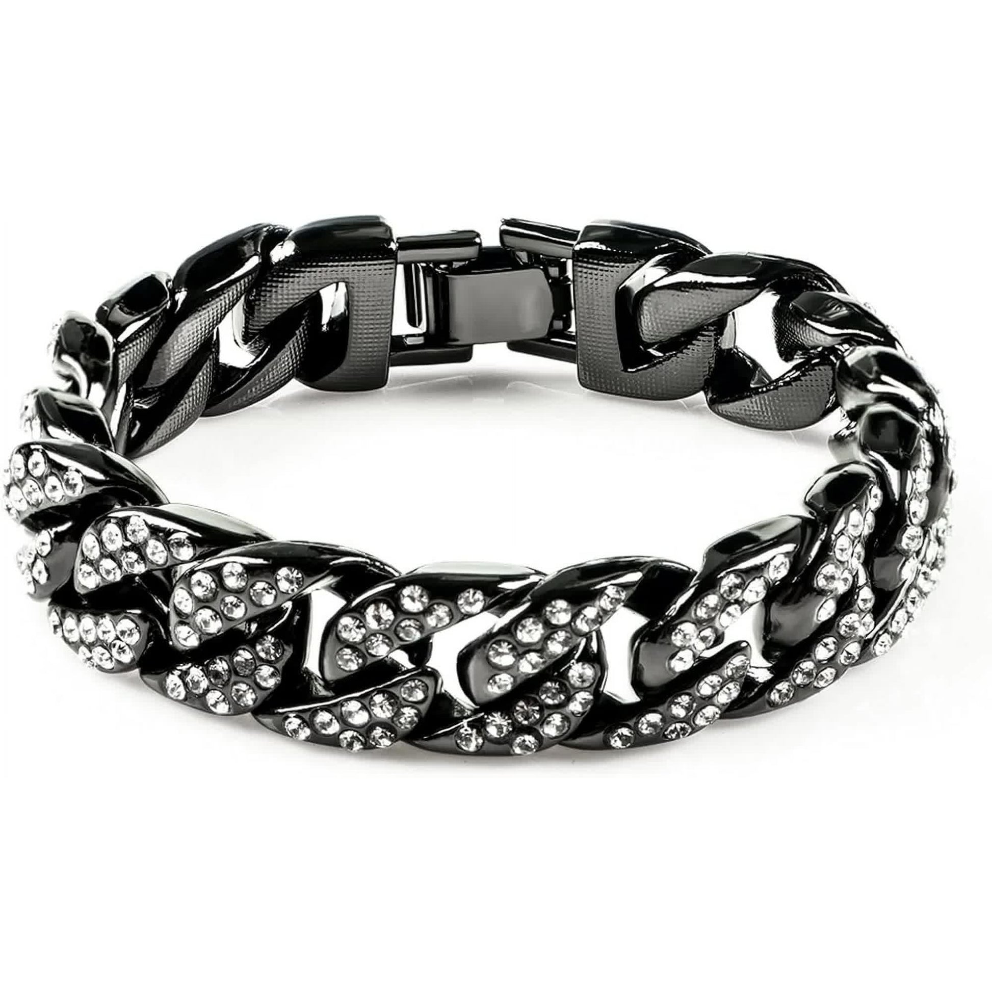 Mens Womens Cuban Link Bracelet Hip Hop Bracelet Gold Chain Bracelet Iced Out Curb Cuban 18k Gold Plated Bracelet With Clear Rhinestones (A-T-Black-8.74in) - Image 3