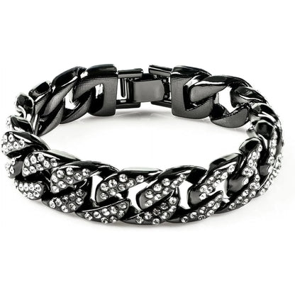 Mens Womens Cuban Link Bracelet Hip Hop Bracelet Gold Chain Bracelet Iced Out Curb Cuban 18k Gold Plated Bracelet With Clear Rhinestones (A-T-Black-8.74in) - Image 3