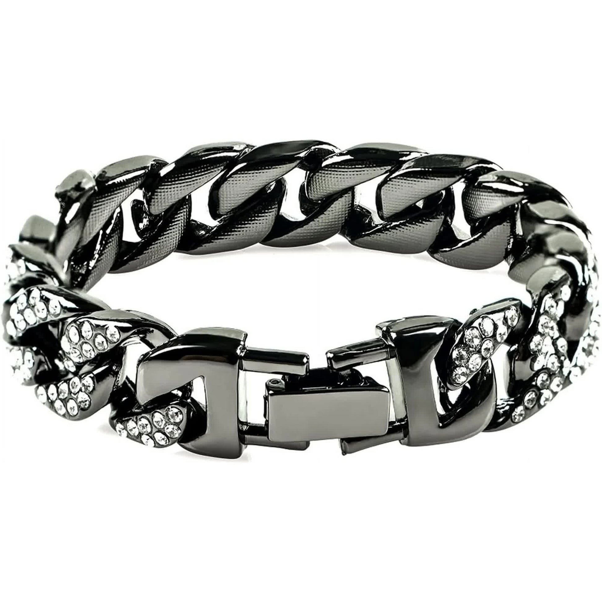 Mens Womens Cuban Link Bracelet Hip Hop Bracelet Gold Chain Bracelet Iced Out Curb Cuban 18k Gold Plated Bracelet With Clear Rhinestones (A-T-Black-8.74in) - Image 4