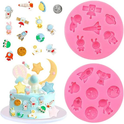 2 Pcs Astronaut Rocket Planet Fondant Silicone Molds Space-Themed Chocolate Candy Epoxy Resin Mold Cute Soap Kitchen Baking Tools for Sugarcraft Cake Decorating