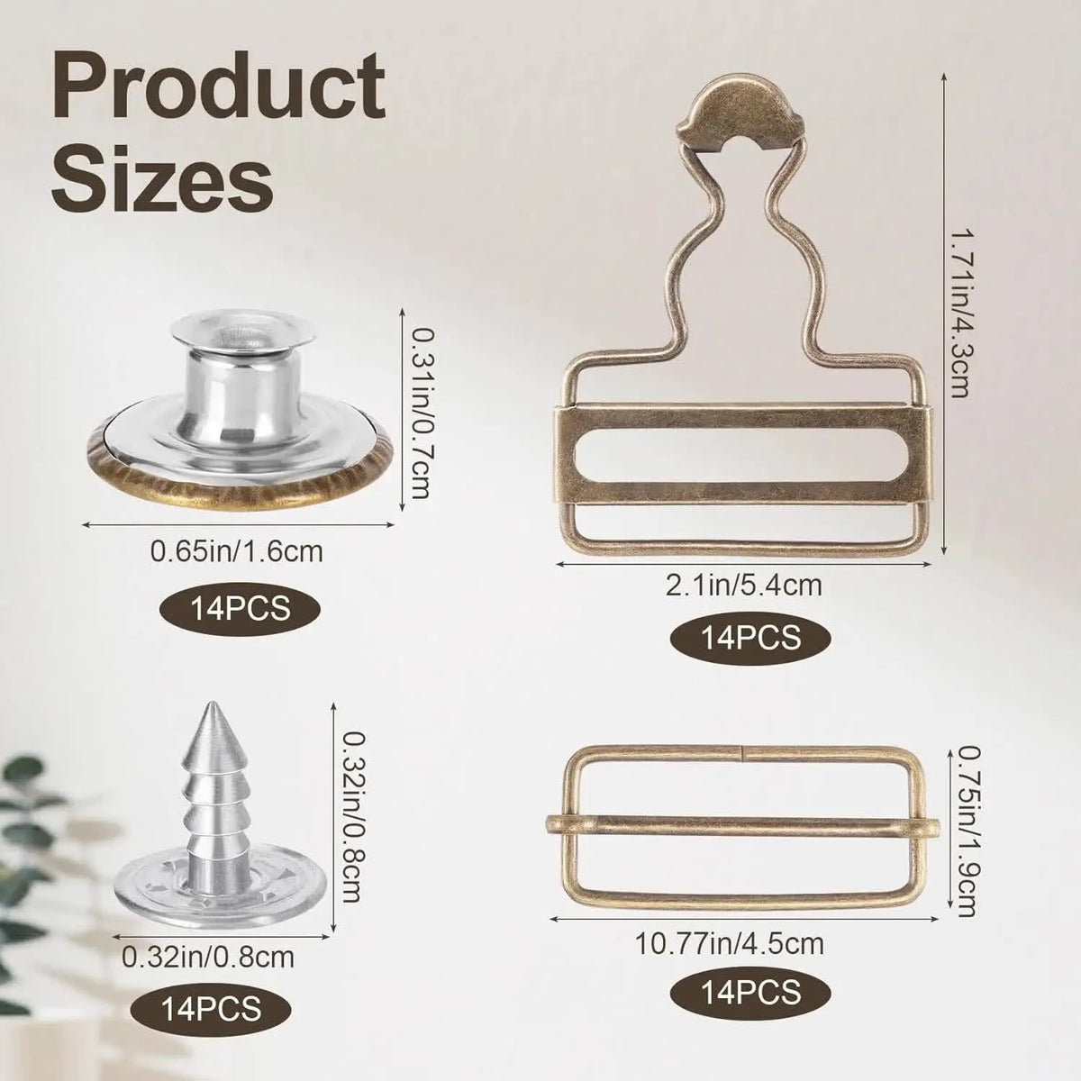14 Sets Metal Overall Buckles, 1-1/2" Dungaree Replacement Clasp Clips with Adjustable Slide Buckle Buttons for Suspender Jeans Bib Pants DIY Sewing Accessories, Bronze - Image 2