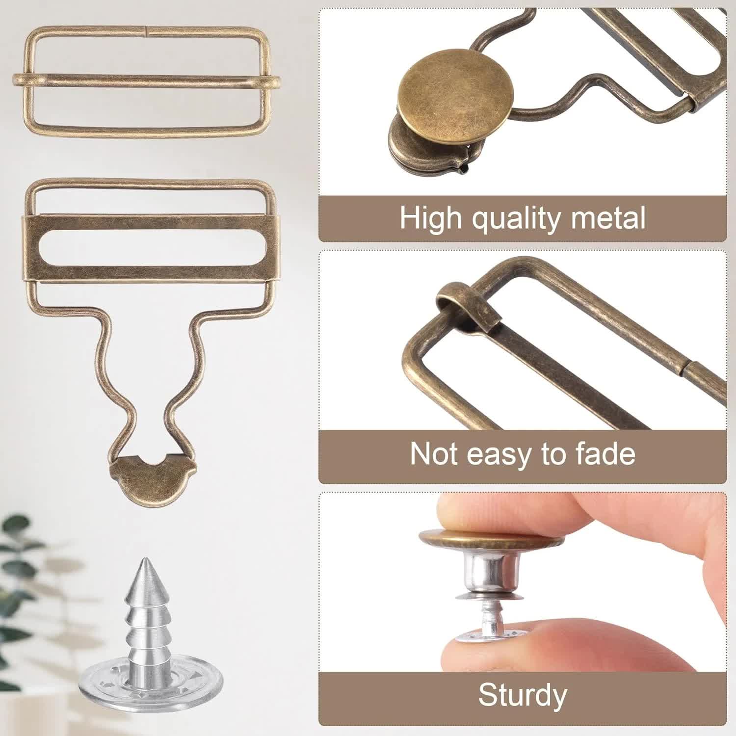 14 Sets Metal Overall Buckles, 1-1/2" Dungaree Replacement Clasp Clips with Adjustable Slide Buckle Buttons for Suspender Jeans Bib Pants DIY Sewing Accessories, Bronze - Image 4