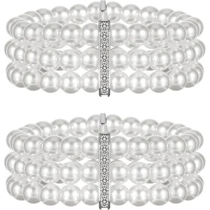 Pearl Cuff Bracelet 2pcs 1920s Imitation Pearl Bracelet Multi-Layered Elastic Bangle 3 Rows Faux Pearls Accent Off White Stretch Wrist Bracelet Vintage Pearl Bracelets For Women Bridal Wedding Jewelry
