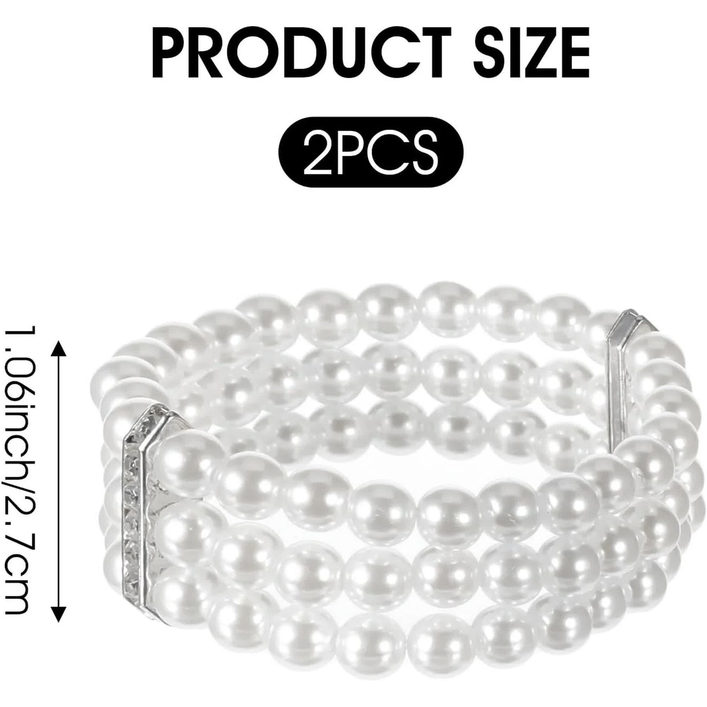 Pearl Cuff Bracelet 2pcs 1920s Imitation Pearl Bracelet Multi-Layered Elastic Bangle 3 Rows Faux Pearls Accent Off White Stretch Wrist Bracelet Vintage Pearl Bracelets For Women Bridal Wedding Jewelry - Image 2