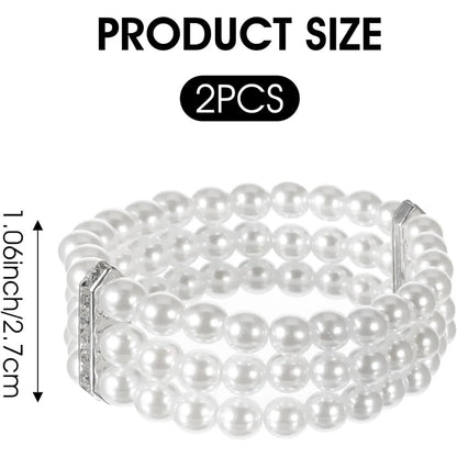 Pearl Cuff Bracelet 2pcs 1920s Imitation Pearl Bracelet Multi-Layered Elastic Bangle 3 Rows Faux Pearls Accent Off White Stretch Wrist Bracelet Vintage Pearl Bracelets For Women Bridal Wedding Jewelry - Image 2