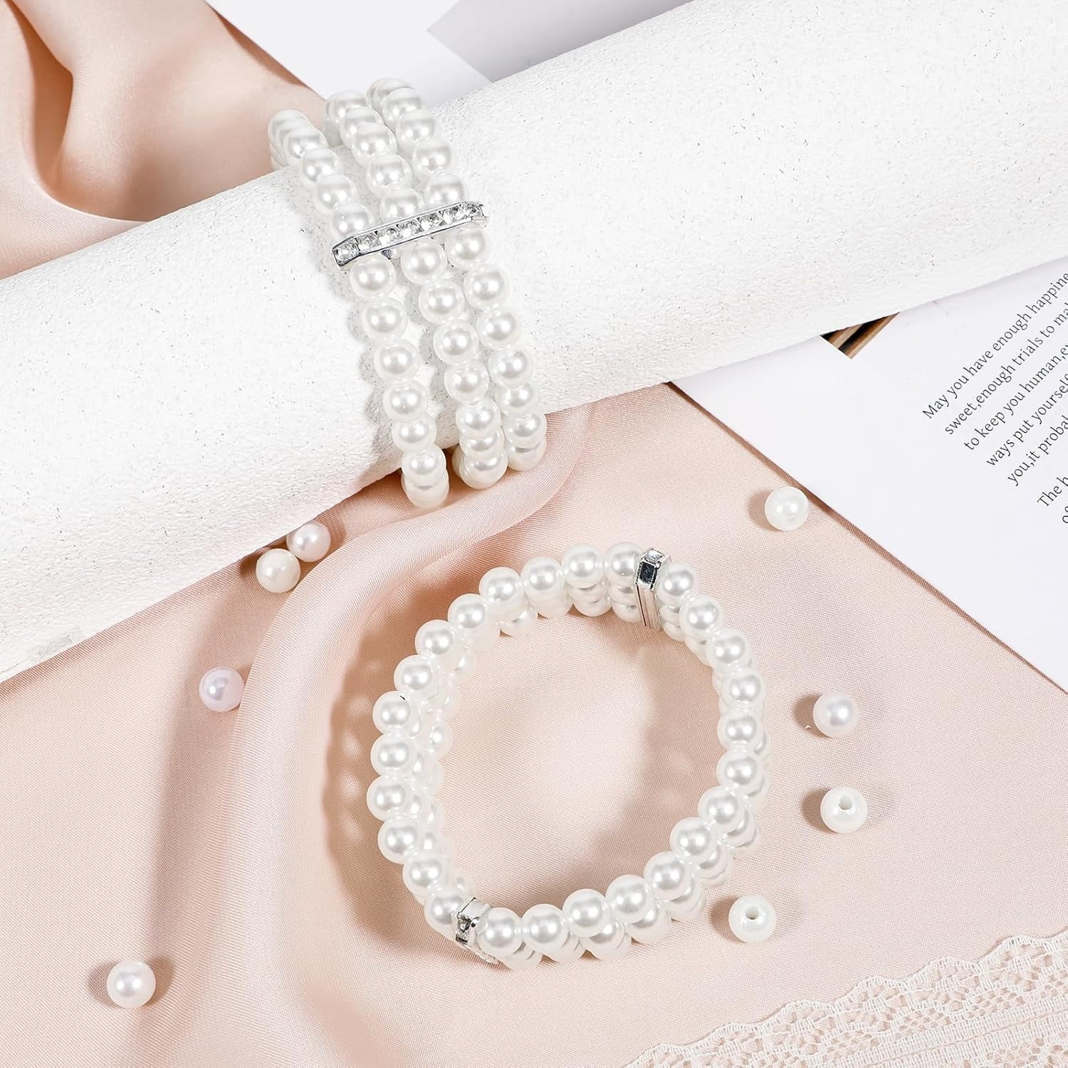 Pearl Cuff Bracelet 2pcs 1920s Imitation Pearl Bracelet Multi-Layered Elastic Bangle 3 Rows Faux Pearls Accent Off White Stretch Wrist Bracelet Vintage Pearl Bracelets For Women Bridal Wedding Jewelry - Image 3