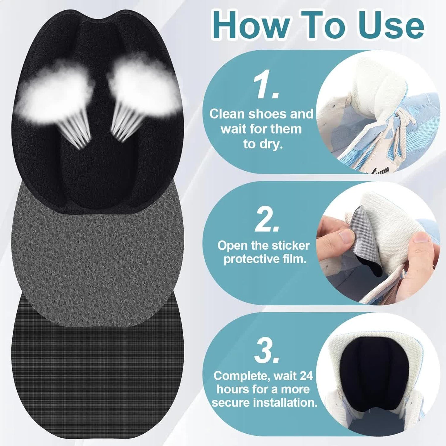 4 Pairs Self Adhesive Tongue Pads for Shoes Too Big, Non Slip Tongue Cushion Insert for Loose Shoe Size Reducer, Shoe Filler Shoe Heel Inserts for Men Women, Size Large (Black+Beige) - Image 4