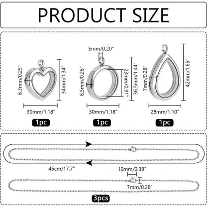 3 Styles Locket Pendant Necklace 304 Stainless Steel Memory Floating Charms Round Memory Necklace Teardrop Heart Pendant Buckle Closure for Women Friendship Necklace Memory Nostalgic - Image 2