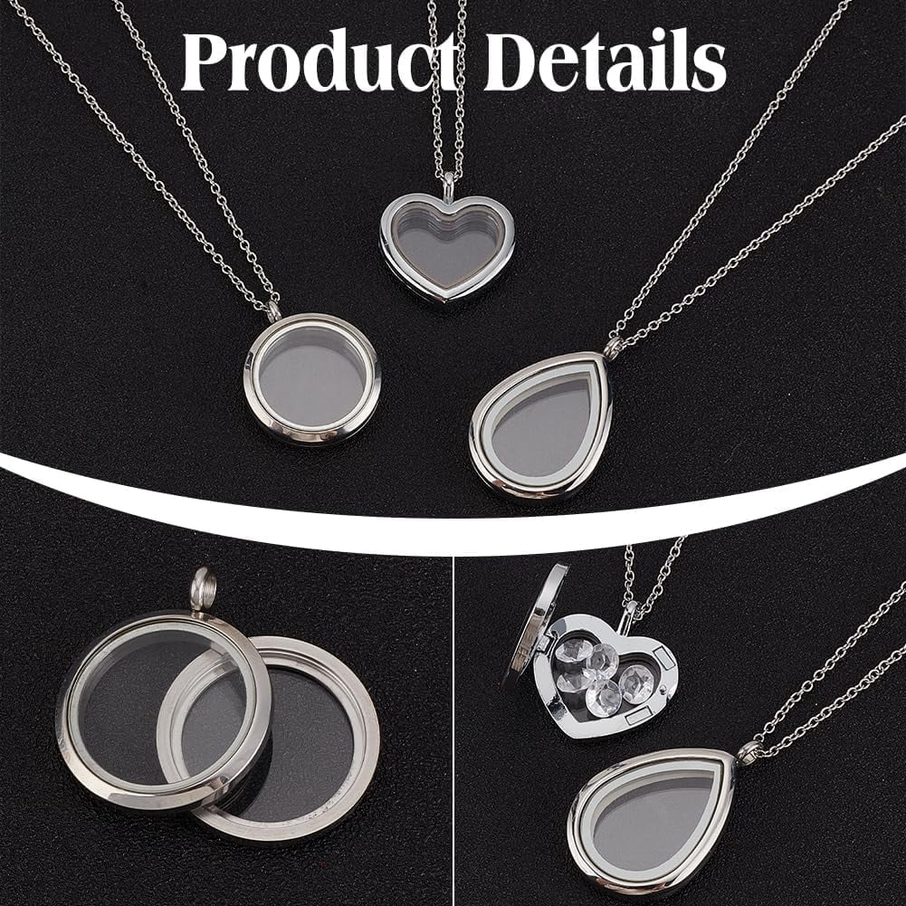 3 Styles Locket Pendant Necklace 304 Stainless Steel Memory Floating Charms Round Memory Necklace Teardrop Heart Pendant Buckle Closure for Women Friendship Necklace Memory Nostalgic - Image 3