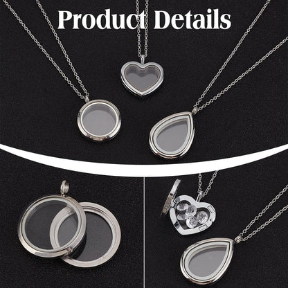 3 Styles Locket Pendant Necklace 304 Stainless Steel Memory Floating Charms Round Memory Necklace Teardrop Heart Pendant Buckle Closure for Women Friendship Necklace Memory Nostalgic - Image 3