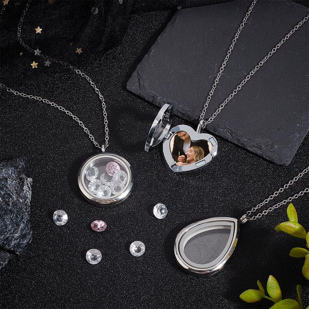 3 Styles Locket Pendant Necklace 304 Stainless Steel Memory Floating Charms Round Memory Necklace Teardrop Heart Pendant Buckle Closure for Women Friendship Necklace Memory Nostalgic - Image 4