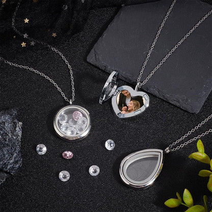 3 Styles Locket Pendant Necklace 304 Stainless Steel Memory Floating Charms Round Memory Necklace Teardrop Heart Pendant Buckle Closure for Women Friendship Necklace Memory Nostalgic - Image 4