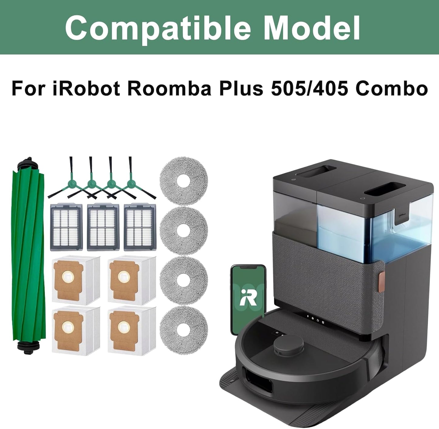 16-Piece Replacement Parts Kit for IRobot Roomba 505/405 Combo Robot Vacuum Cleaner, Main Brush ×1, Side Brushes ×4, HEPA Filters ×3, Cleaning Cloths ×4, Dust Bags ×4 - Image 2