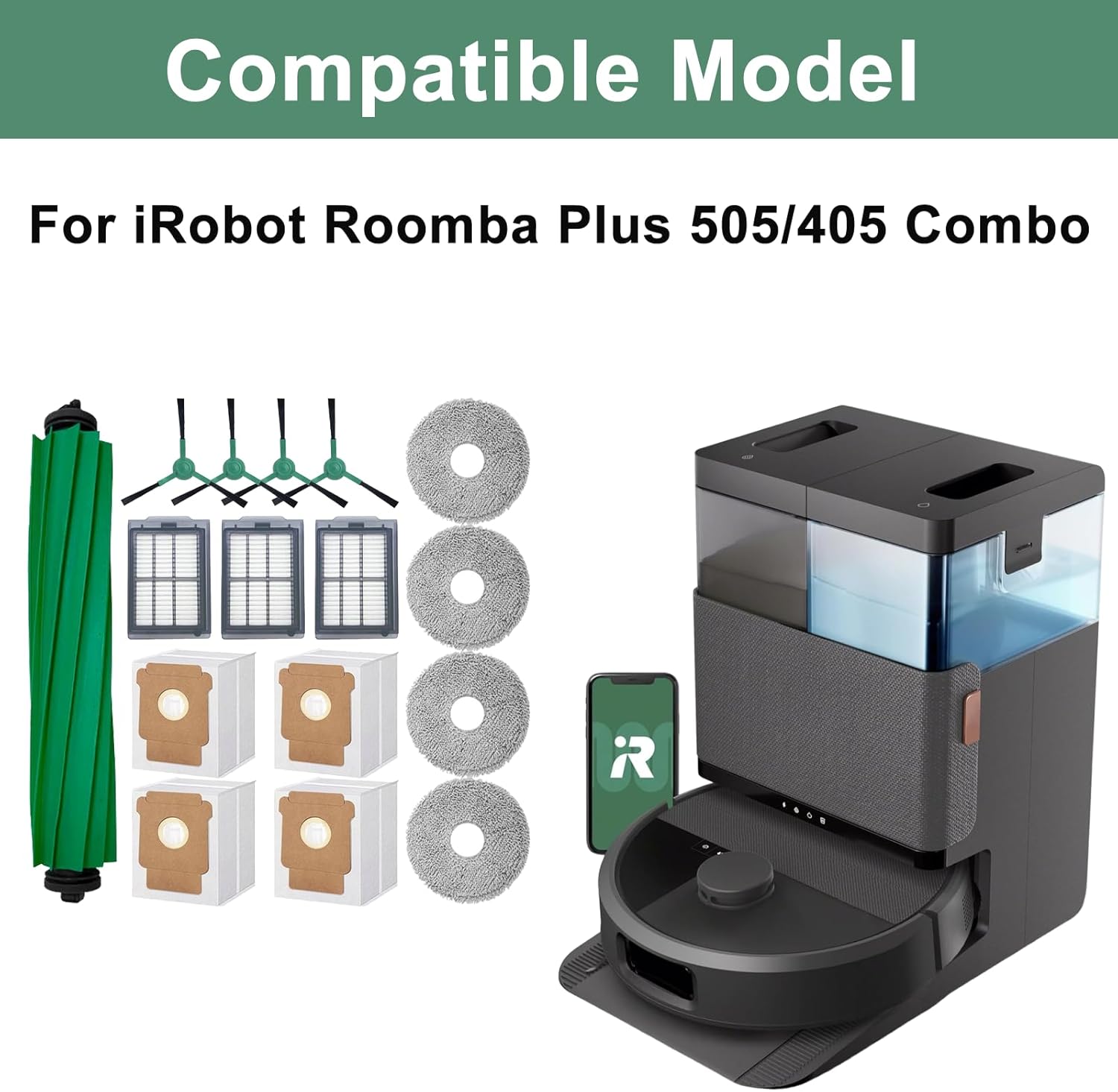 16-Piece Replacement Parts Kit for IRobot Roomba 505/405 Combo Robot Vacuum Cleaner, Main Brush ×1, Side Brushes ×4, HEPA Filters ×3, Cleaning Cloths ×4, Dust Bags ×4 - Image 2