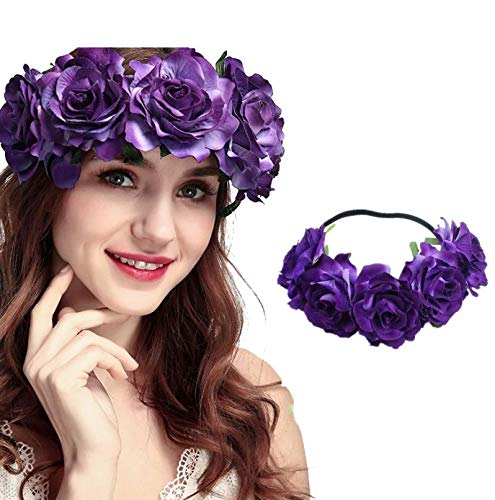 Rose Floral Headpiece - Fake Flower Crown, Headband for Women, Girls, Hair Accessory, and Pet Wreath (Purple) - Image 4