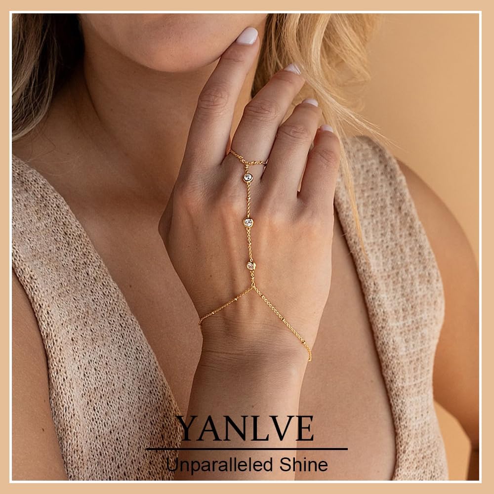 Hand Chain Bracelet 14K Plated Gold Bracelet Stack Finger Ring for Women Adjustable Rhinestone Ring Bracelet Hand Chain for Women Trendy Jewelry Non Tarnish Gold Ring Hand Bracelet Gold - Image 3