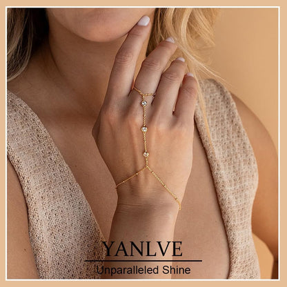 Hand Chain Bracelet 14K Plated Gold Bracelet Stack Finger Ring for Women Adjustable Rhinestone Ring Bracelet Hand Chain for Women Trendy Jewelry Non Tarnish Gold Ring Hand Bracelet Gold - Image 3