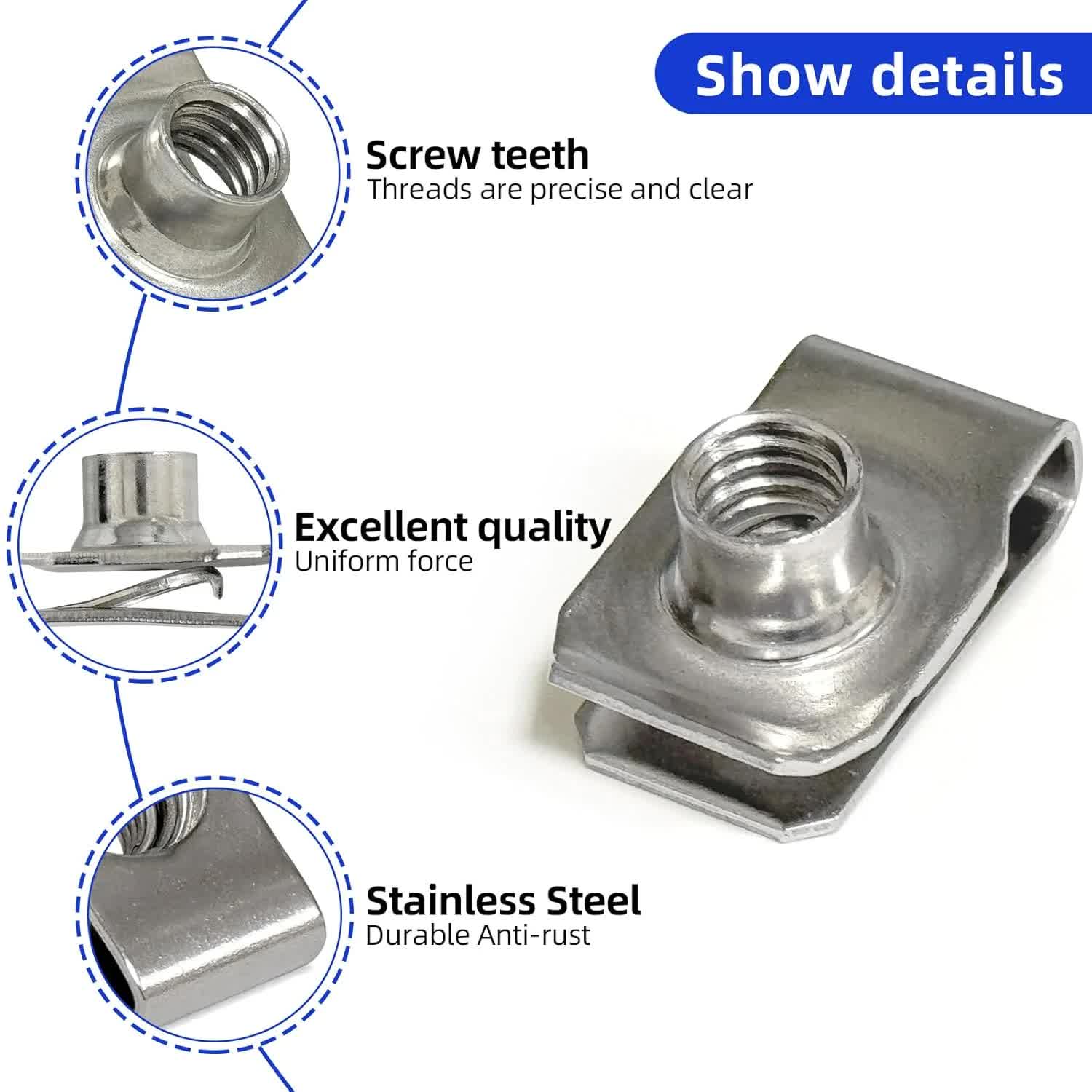 1/4"-20 U-Style Clip-On Nut, U-Type Stainless Steel 18-8 (304) Regular Extruded U-Nut, Pack of 20 - Image 4