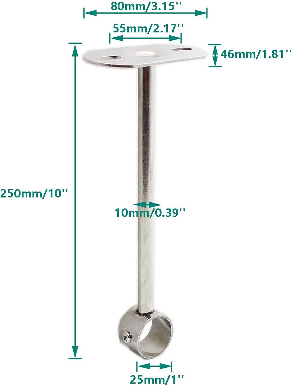 2 Pack Ceiling Mount Bracket, Stainless Steel Wardrobe Pipe Bracket Rod Holder Ceiling Holder,  Shower Curtain Closet Wardrobe Rod Lever Support Holder Pipe Flange Socket (25x250mm/1x10'') - Image 2