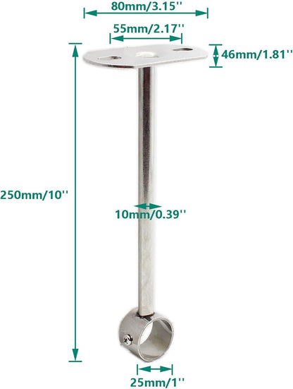 2 Pack Ceiling Mount Bracket, Stainless Steel Wardrobe Pipe Bracket Rod Holder Ceiling Holder,  Shower Curtain Closet Wardrobe Rod Lever Support Holder Pipe Flange Socket (25x250mm/1x10'') - Image 2