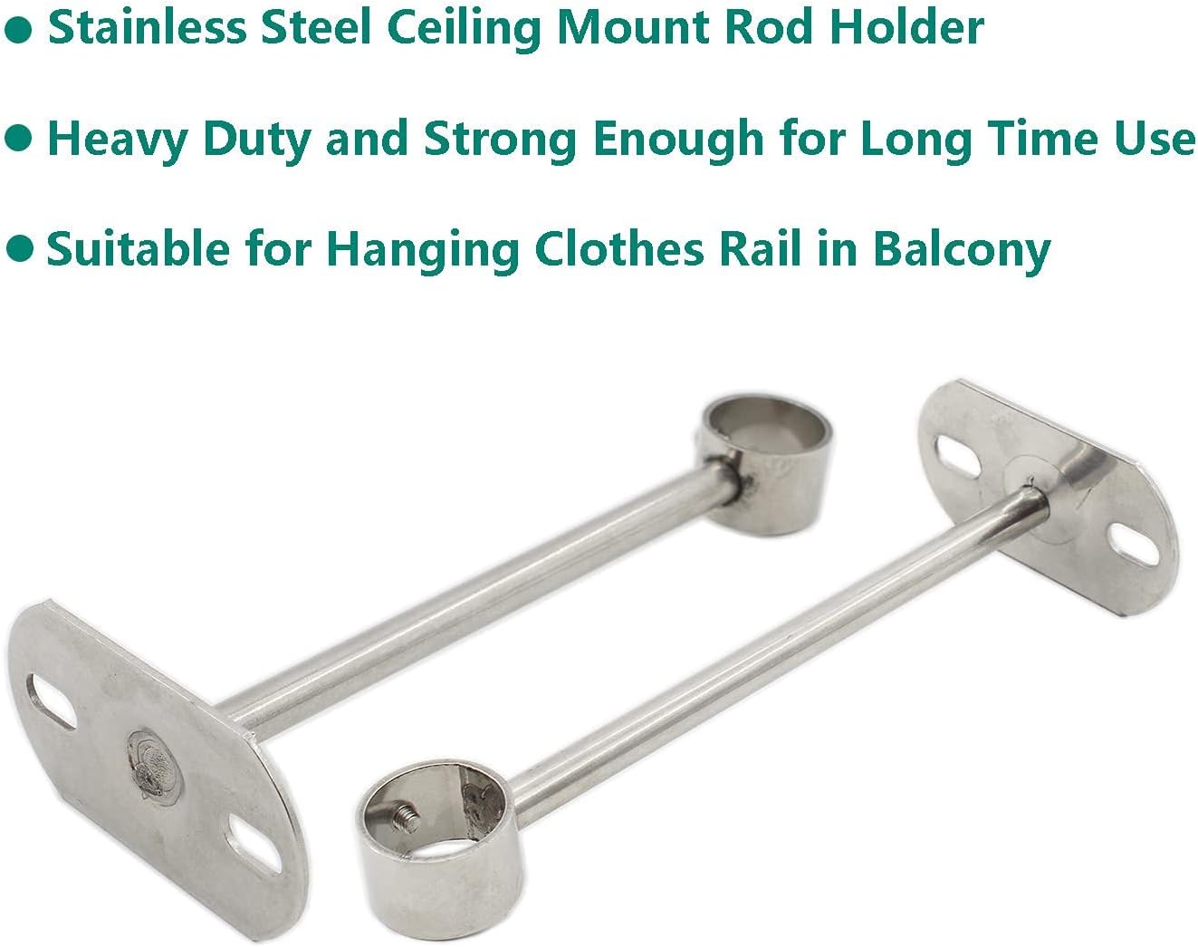 2 Pack Ceiling Mount Bracket, Stainless Steel Wardrobe Pipe Bracket Rod Holder Ceiling Holder,  Shower Curtain Closet Wardrobe Rod Lever Support Holder Pipe Flange Socket (25x250mm/1x10'') - Image 4