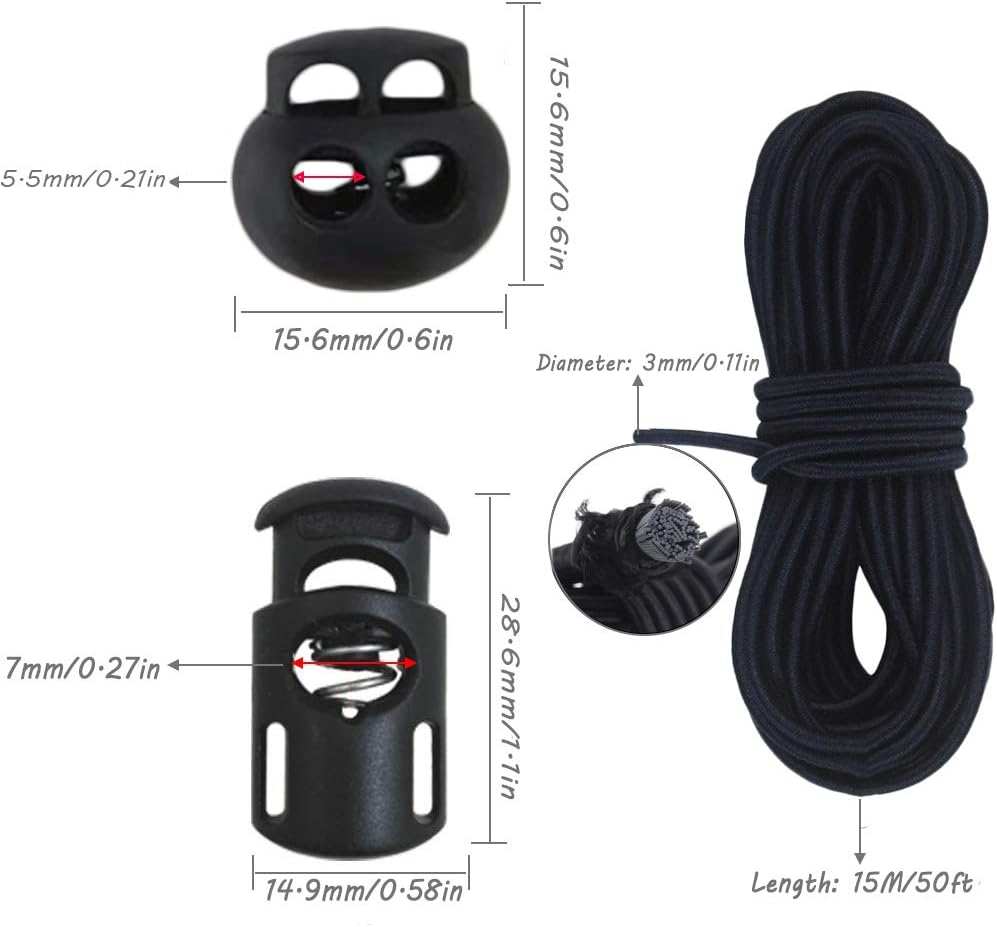 20pcs Plastic Cord Locks with 1/8-Inch 50ft Elastic Cord Heavy Stretch Round String, 10Pcs Sing-Hole, 10pcs Double-Hole Spring Toggle Stopper Slider Black (3mm-Black) - Image 2