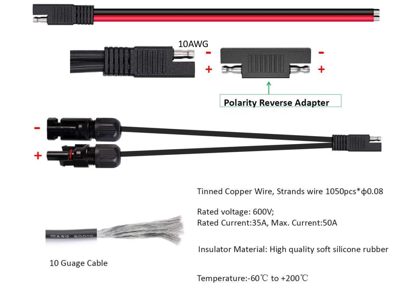 Solar Panel Connectors 10AWG Compatible with MC-4 Solar Connecter to SAE Adapter PV Extension Cable Wire for RV Caravan Solar Panels Battery Charger kit with Two SAE to SAE Polarity Reverse Adapters - Image 2