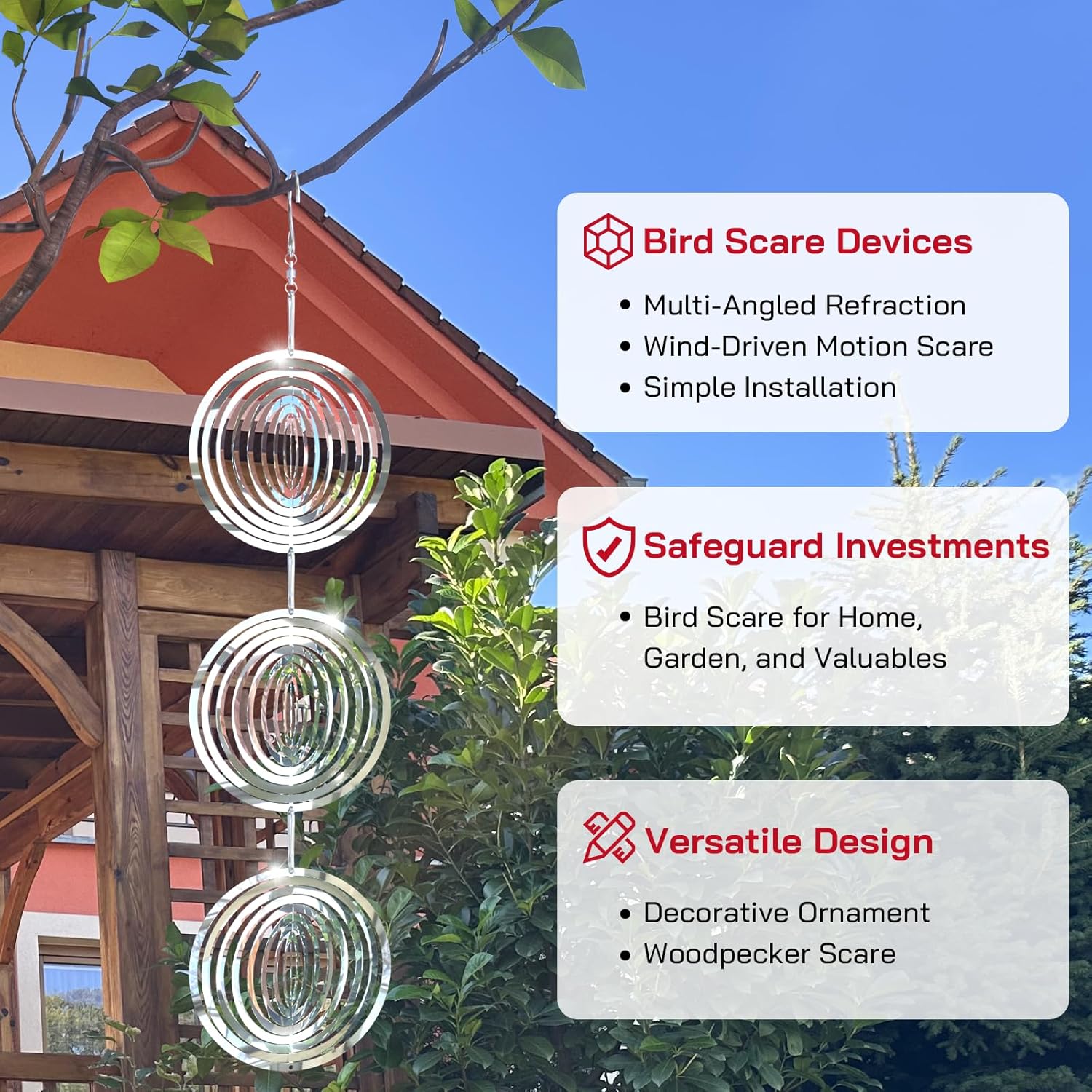 Bird Deterrents for Outside, Reflective 3D Stainless Steel Wind Spinners, Garden Decor, Bird Scare Devices to Keep Woodpeckers, Pigeons Away from Your House, Patio, Orchards - Image 2