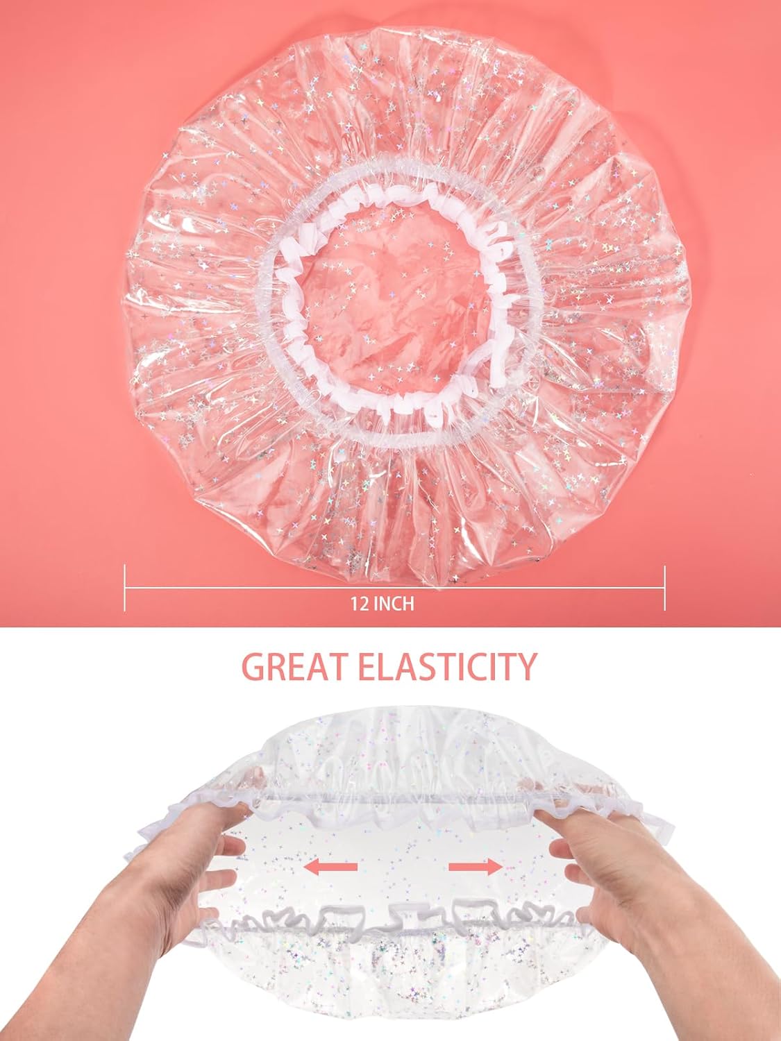 Luxury Shower Cap Reusable Waterproof for Women Sequin Lined Hair Cap for Shower Plastic Cap for Long Hair Large Double Layer Bath Cap Travel Essential & Cleaning Supplies - Image 2