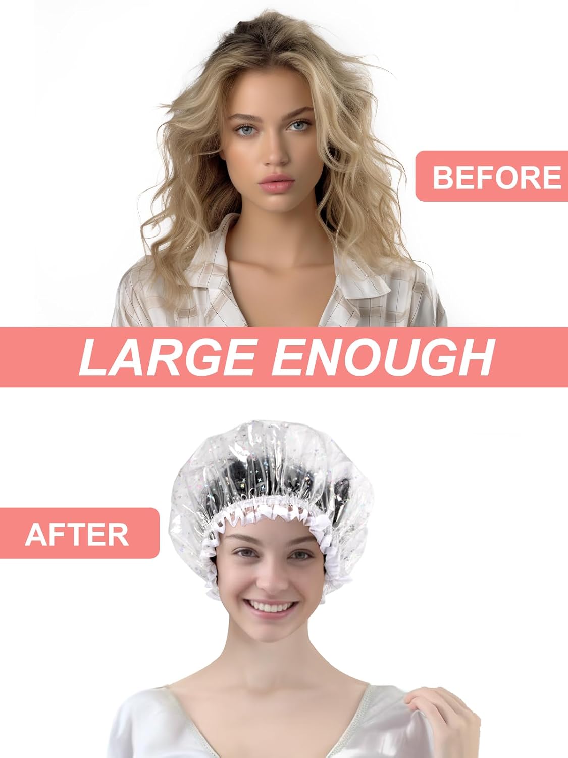 Luxury Shower Cap Reusable Waterproof for Women Sequin Lined Hair Cap for Shower Plastic Cap for Long Hair Large Double Layer Bath Cap Travel Essential & Cleaning Supplies - Image 3