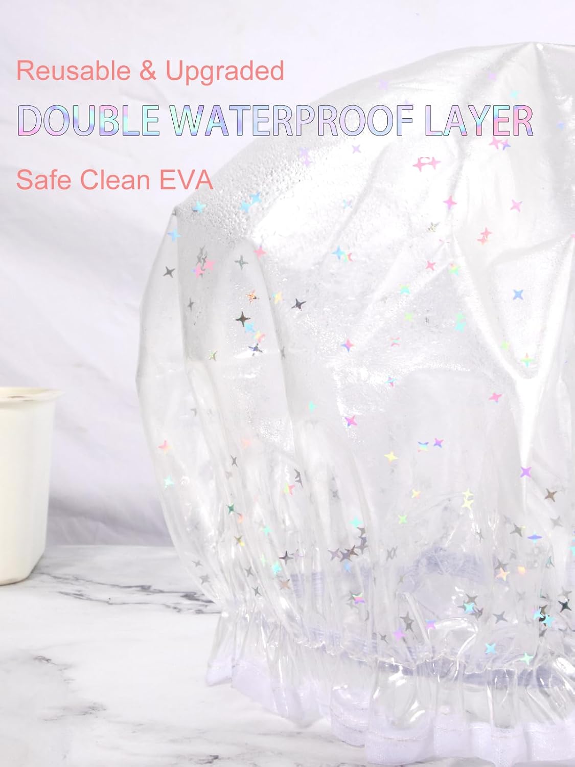 Luxury Shower Cap Reusable Waterproof for Women Sequin Lined Hair Cap for Shower Plastic Cap for Long Hair Large Double Layer Bath Cap Travel Essential & Cleaning Supplies - Image 4
